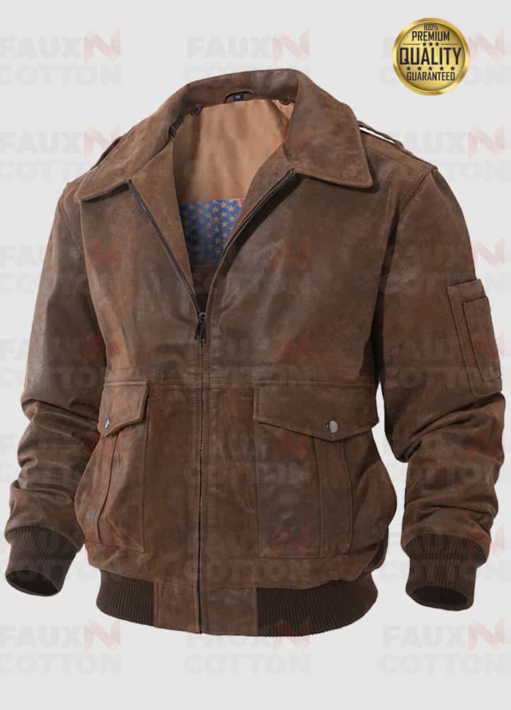 Mens Flavor US Flag Leather Bomber Jacket